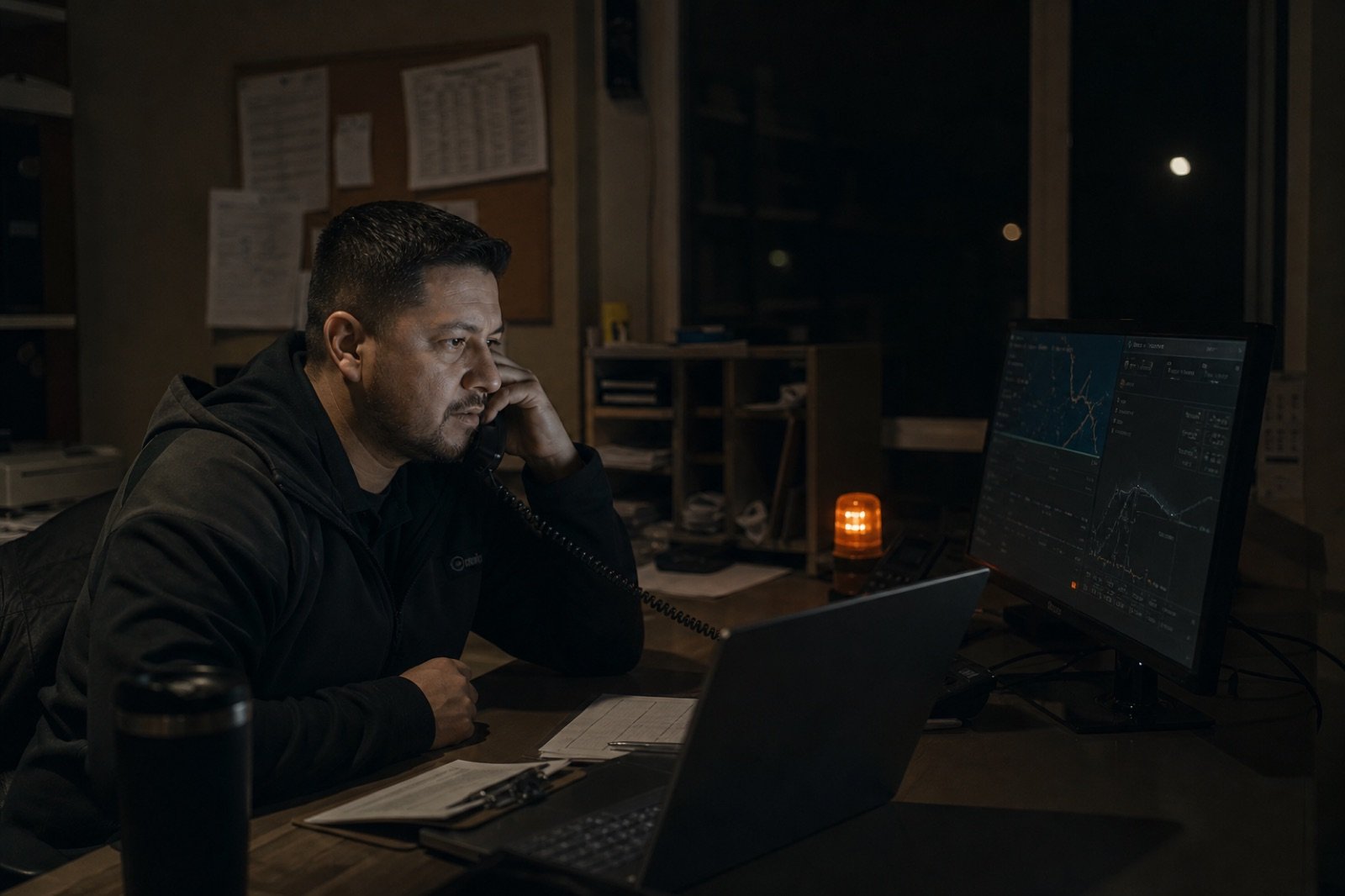 Illustrative reenactment of a service-business operator handling an after-hours customer call
