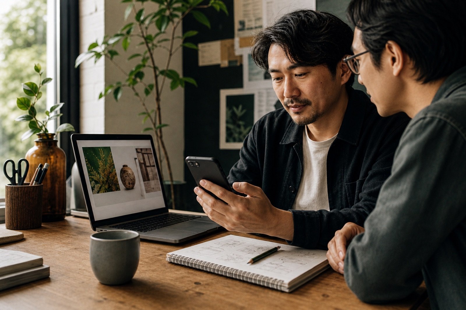 Illustrative reenactment of the same owner comparing the mobile experience with a collaborator