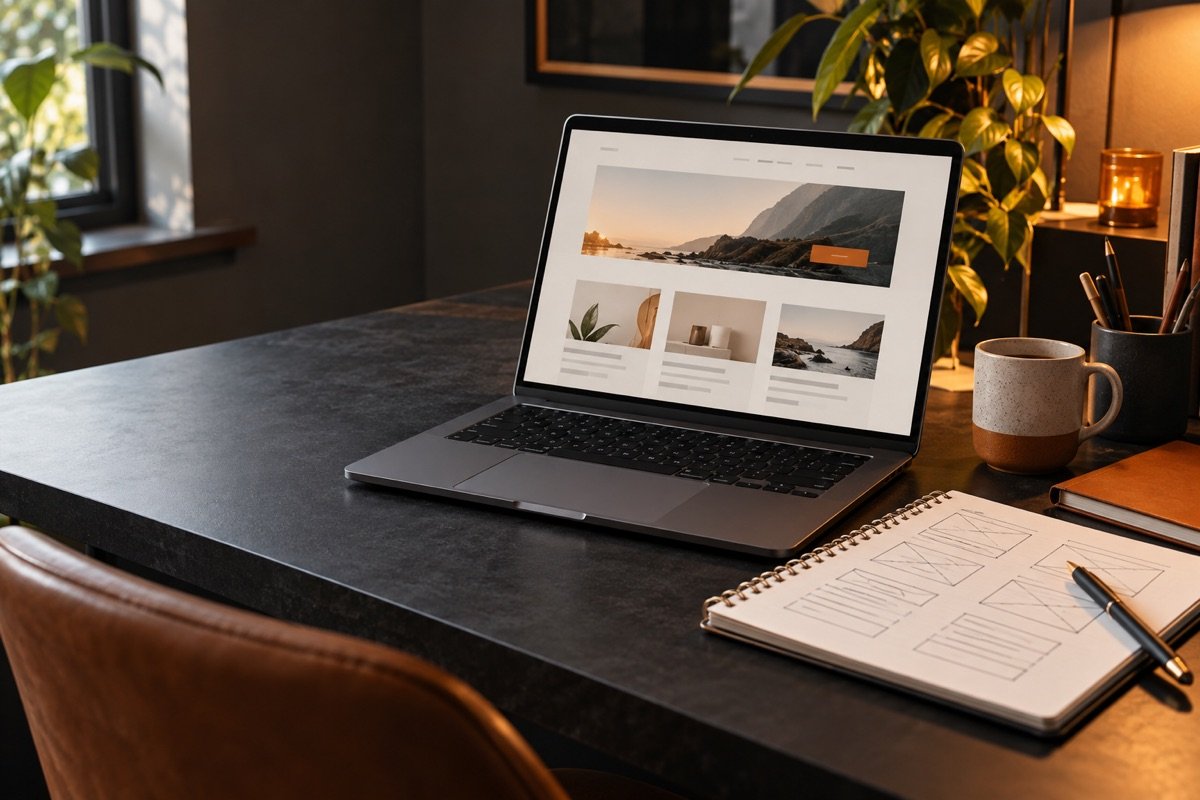 Laptop showing a website layout beside hand-drawn page sketches